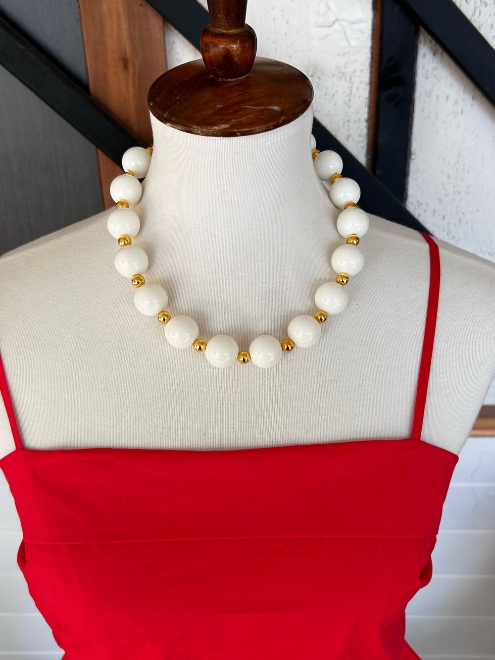 Handcrafted White 20mm Beaded Statement Necklace Gold Tone 18” NEW